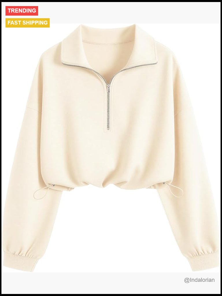 Half Zip Cropped Sweatshirt, Collared Neck Drawstring Hem Pullover